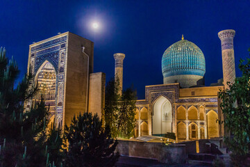 Evening view of Gur-e Amir Mausoleum in Samarkand, Uzbekistan