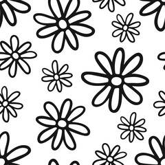 Fototapeta na wymiar Black contour daisy flowers isolated on white background. Cute monochrome seamless pattern. Hand drawn vector flat graphic illustration. Texture.