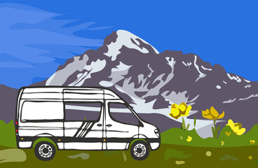 White van with mount Kazbek in the background. Blue sky, grass with yellow flowers. Georgia. Illustration. 
