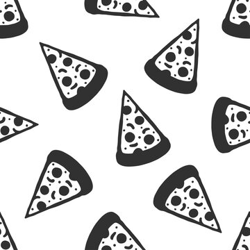 Black slices of pizza isolated on white background. Monochrome seamless pattern. Hand drawn vector flat graphic illustration. Texture.