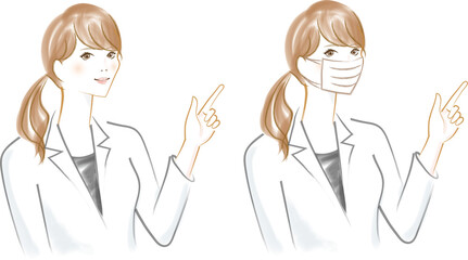 Fototapeta premium 右を指し示す女医のマスクと笑顔のセット