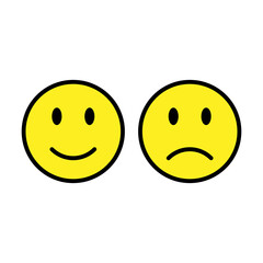 Set Of Two Isolated Yellow Emoticons Icons On White Background Flat Design Happy And Unhappy Vector Illustration