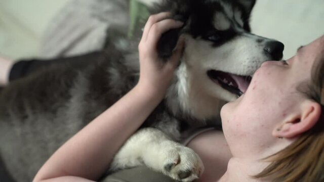 Side view of happy girl sitting on the lawn face to face playing with her husky dog indoor people happy joyful doggy lifestyle with pet dog lovely animal together