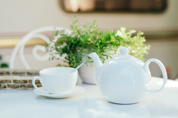 White ceramic teapots and tea ingredients, on top of a white table with a flower pot. Copying space. Summer greeting card template. A cup of tea on the table. Kitchen utensils on the terrace