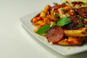 Pennette pasta in a spicy tomato sauce with sliced pepperoni, mozzarella, and mature cheddar cheeses