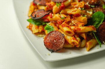 Pennette pasta in a spicy tomato sauce with sliced pepperoni, mozzarella, and mature cheddar cheeses