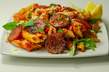 Pennette pasta in a spicy tomato sauce with sliced pepperoni, mozzarella, and mature cheddar cheeses