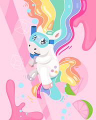 Cute little unicorn floating in lemonade. Vector cartoon children illustration © love_is_love