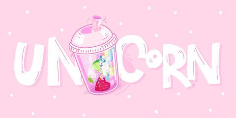 Cute little unicorn floating in lemonade and the inscription. Vector cartoon kids illustration.