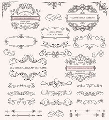 Large set of different decorative calligraphic frames and patterns for use as design elements with copyspace for text, vector illustration