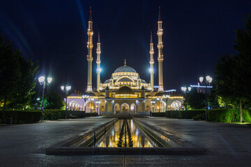 Fototapeta na wymiar Evening view of Akhmad Kadyrov Mosque (officially known as The Heart of Chechnya) in Grozny, Russia