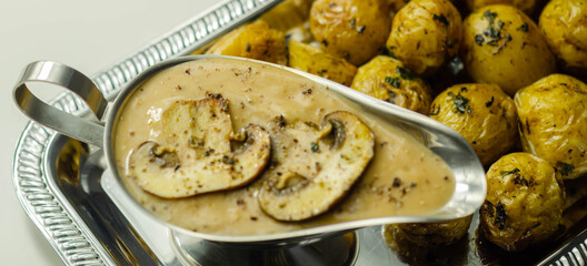 Mini jacket potatoes with mushrooms sauce on the silver tray