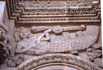 Sculpted mermaid (18th century, andean baroque) on cathedral of Puno (Lake Titicaca, Peru)