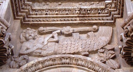 Sculpted mermaid (18th century, andean baroque) on cathedral of Puno (Lake Titicaca, Peru)