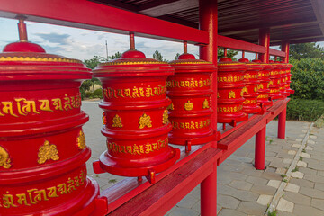 Praying wheels at  Syakusn Syume, Geden Sheddup Choikorling Monastery, Tibetan Buddhist monastery in Elista, Republic of Kalmykia, Russia