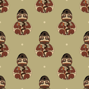 Seamless ethnic pattern with native american motifs from ancient Peru. Naska figurine of shaman. 