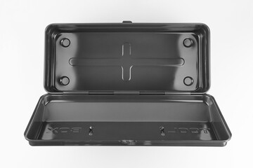 Traditional black steel toolbox with a hinged lid shot open and top down in a seamless white studio.