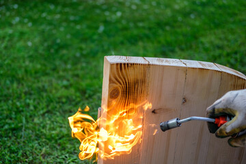 Fototapeta premium Bright flame when firing a wooden countertop with a gas burner, against the backdrop of a lawn with green grass (tree brushing).