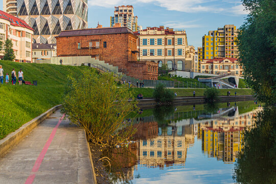 YEKATERINBURG, RUSSIA - JULY 3, 2018: Riverside of Iset river in Yekaterinburg, Russia