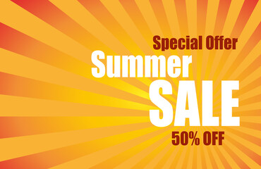 Vector graphics summer sale 50% banner,poster.Sunburst effect background.Modern concept.