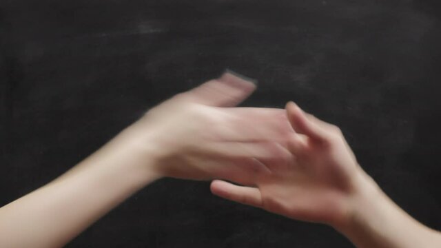 Greeting gesture. Friendly dap. Man woman hand snap finger wave over chalkboard. Set of 3 templates.