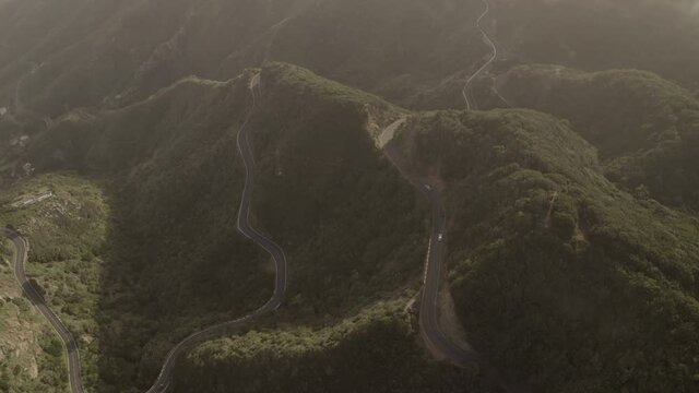 a winding road high in the mountains among huge mountains covered with green forest. Tenerife island, Spain