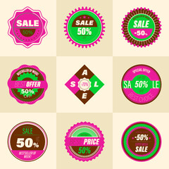 Set of retro sale badge. Stickers premium quality vintage style for social media ads and banners, website badges, marketing, labels and stickers for online shopping templates. Vector illustration.