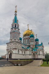 Fototapeta na wymiar Assumption Cathedral (Uspenskiy Kafedralnyy Sobor) in Omsk, Russia