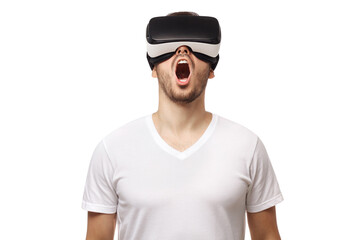 Close up studio portrait of screaming young man in VR virtual reality glasses isolated on white background