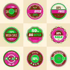 Set of retro sale badge. Stickers premium quality vintage style for social media ads and banners, website badges, marketing, labels and stickers for online shopping templates. Vector illustration.