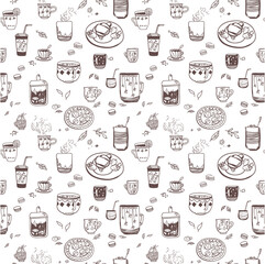 Cartoon line art hand-drawn coffee,herbal tea, sweets seamless pattern. Lots of symbols, objects and elements.