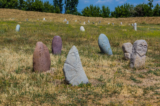 Ancient balbals (stone markers) near the Burana tower, Kyrgyzstan