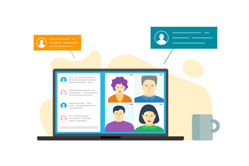 People group on laptop screen taking part in online conference. Home work meeting and distance education webinar or videoconferencing. Video conferencing and web communication chat vector illustration