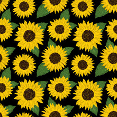 Seamless pattern with sunflowers on black background. Collection decorative floral design elements. Flowers, buds and leaf. Vintage hand drawn vector illustration in sketch and cartoon style.