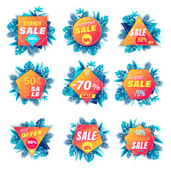 Set of summer sale banner 3d style. For online shopping and store, poster, newsletter, social media ads and banners, website badge, marketing material, label and sticker template. Vector illustration.