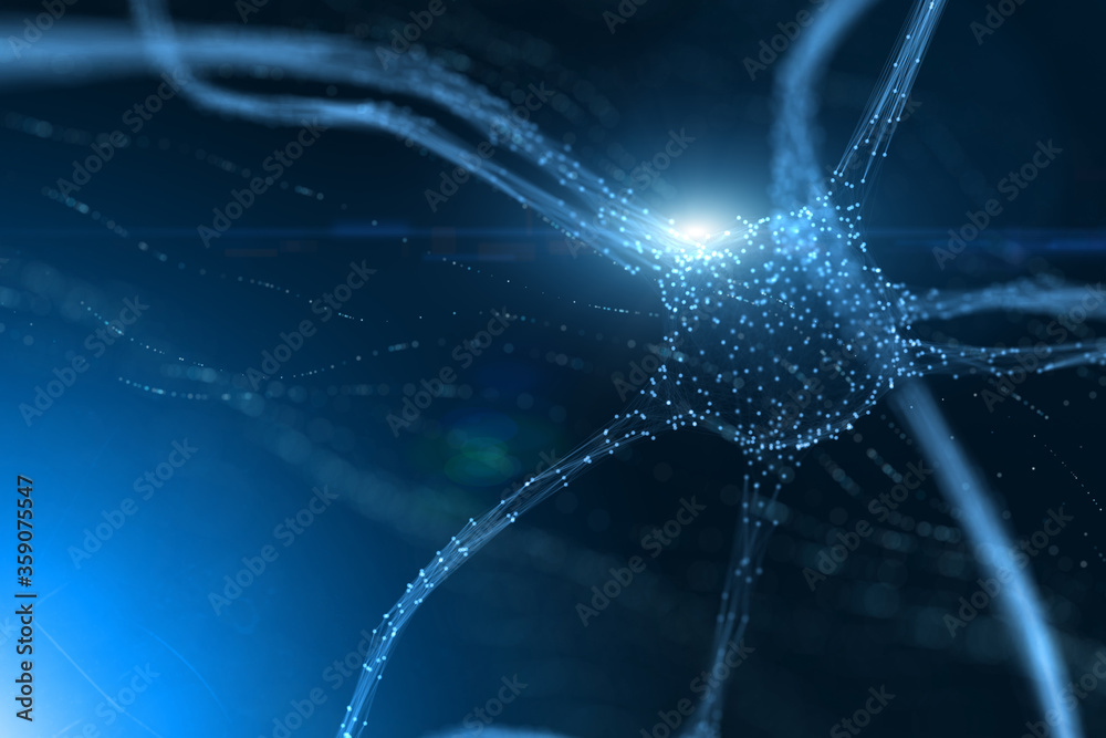 Sticker abstract blue colored shining neuron cell in the brain on artistic background with flare light. sele