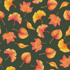 Fototapeta na wymiar Seamless pattern with watercolor autumn leaves. Endless orange leaf pattern. Autumn background. Tree background. Botanical illustration.