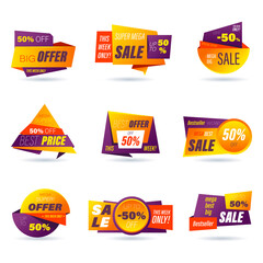 Set of retail sale badge. Stickers online shopping origami style for social media ads and banners, website badges, marketing, labels and stickers for products promotion template. Vector illustration.