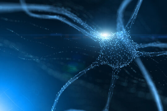 Abstract blue colored shining neuron cell in the brain on artistic background with flare light. Selective focus used.
