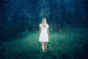 Back view of a sad woman in the meadow with forest background. Rain drops effect.