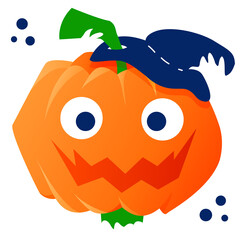 Stock vector illustration of smiling halloween pumpkin in hat. Autumn holidays. Happy Halloween. Funny icon for party invitations or greeting cards with traditional symbols. White isolated background.