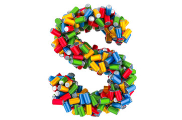 Letter S from colored metallic drink cans, 3D rendering