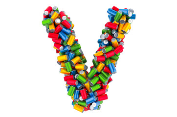 Letter V from colored metallic drink cans, 3D rendering