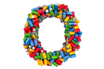 Letter O from colored metallic drink cans, 3D rendering