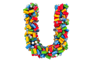 Letter U from colored metallic drink cans, 3D rendering