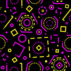 Obraz na płótnie Canvas Abstract background with magento-yellow geometric shapes and lines on black background. Minimal seamless pattern cover template design for prints