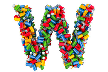 Letter W from colored metallic drink cans, 3D rendering