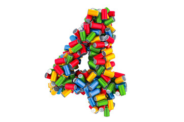 Number 4 from colored metallic drink cans, 3D rendering
