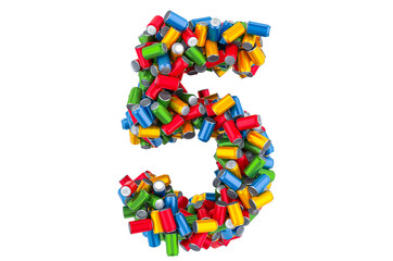 Number 5 from colored metallic drink cans, 3D rendering