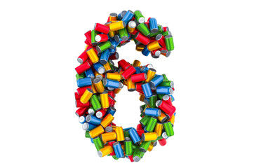 Number 6 from colored metallic drink cans, 3D rendering